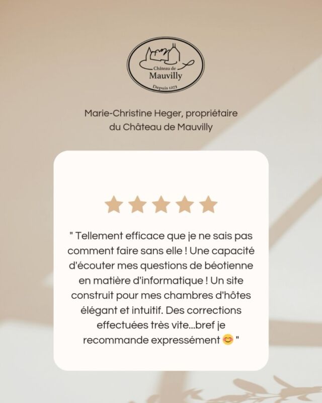 “Tellement efficace que je ne sais pas comment faire sans elle ! Une capacité d’écouter mes questions de béotienne en matière d’informatique ! Un site construit pour mes chambres d’hôtes, élégant et intuitif. Des corrections effectuées très vite… bref, je recommande expressément 😊”

Merci infiniment pour ces mots qui me touchent profondément 🙏

Derrière chaque site que je crée, il y a une belle aventure humaine, des échanges riches et des objectifs communs : valoriser votre maison d’hôtes et faciliter votre quotidien.
 Mon but ? Que vous soyez fier(e) de votre site et à l’aise pour le gérer, même sans être expert(e) en informatique.
Vous êtes propriétaire de chambres d’hôtes ou de gîtes et vous rêvez d’un site élégant, clair, et pensé pour attirer vos futurs voyageurs ? Je suis là pour vous accompagner, étape par étape.

📩 Écrivez-moi en message privé ou cliquez sur le lien en bio pour en savoir plus.

À bientôt,

Élodie 🫶